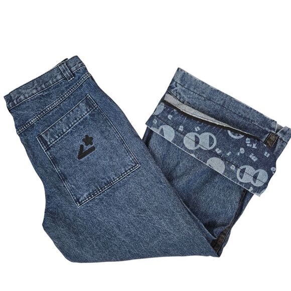 Liquid Lagoon Y2K 90s Super Wide Leg Flared Medium Wash Skater Jeans 38/32 - Picture 2 of 9